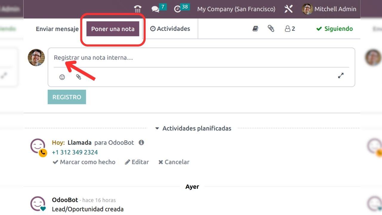 Nota interna en Odoo Pantalla de creación de nota interna en Odoo