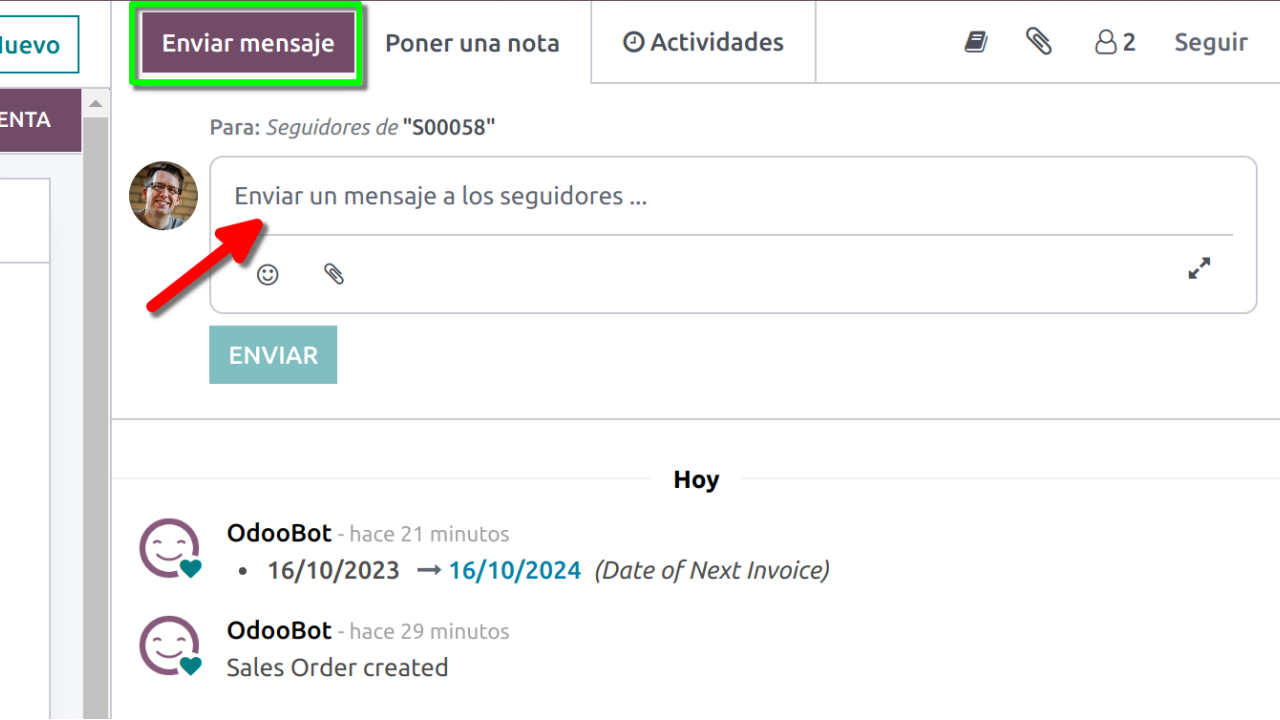 Envia mensaje en Chatter de Odoo Pantalla de enviar mensaje en Chatter de Odoo
