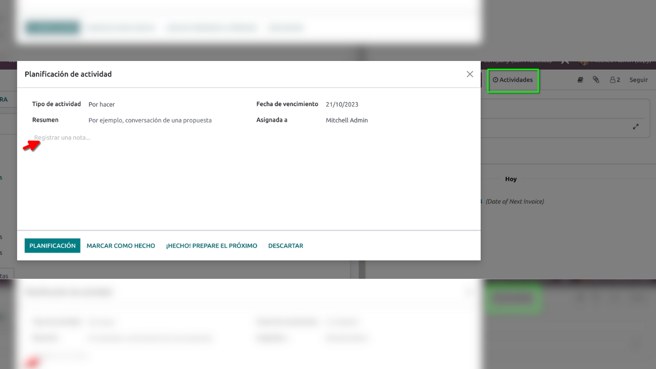 Establecer actividades en Chatter de Odoo Creación de actividades en Odoo