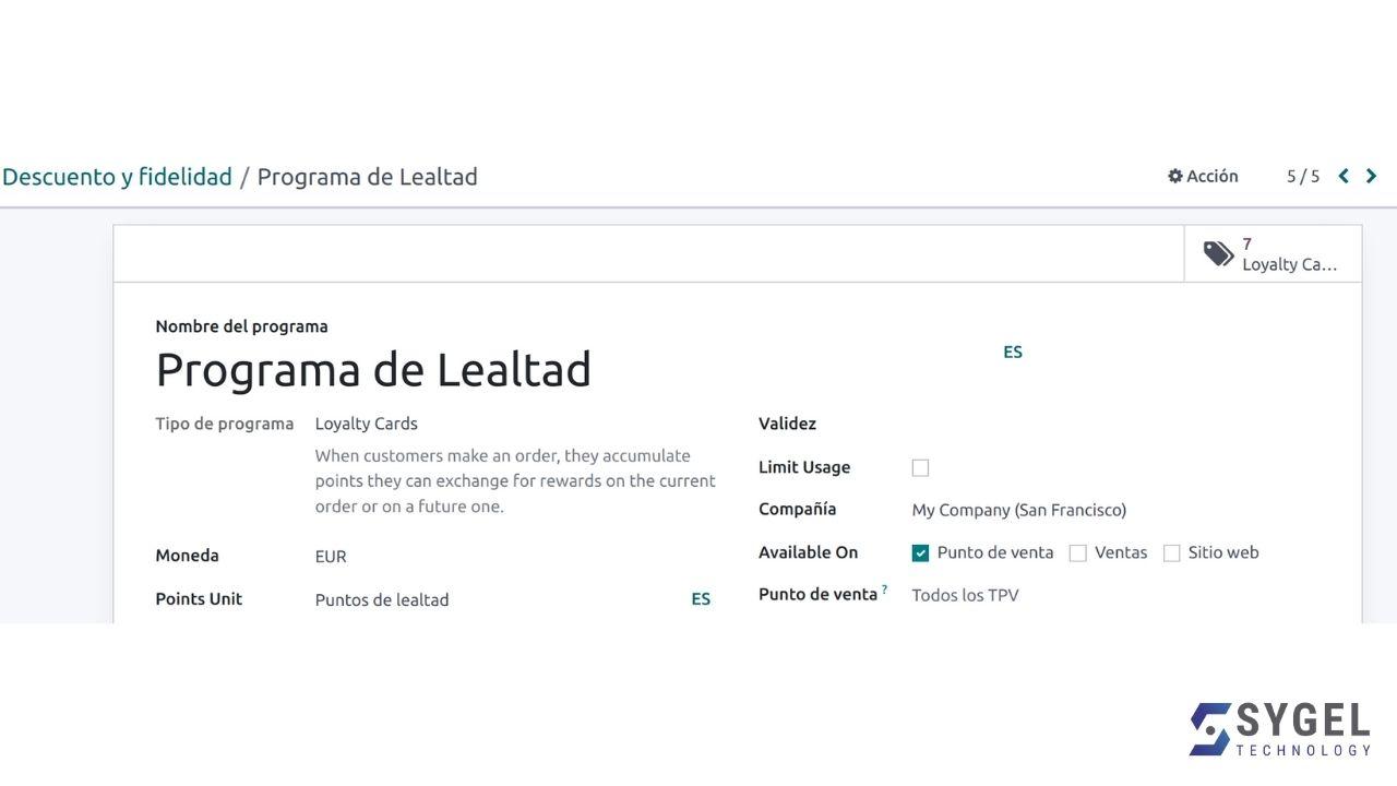 Configuración de ejemplo en Programa de Puntos en Odoo