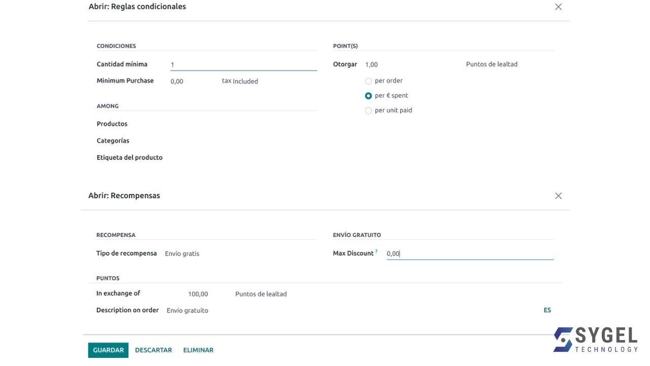 Reglas condicionales y Recompensas en Tarjetas de Puntos en Odoo