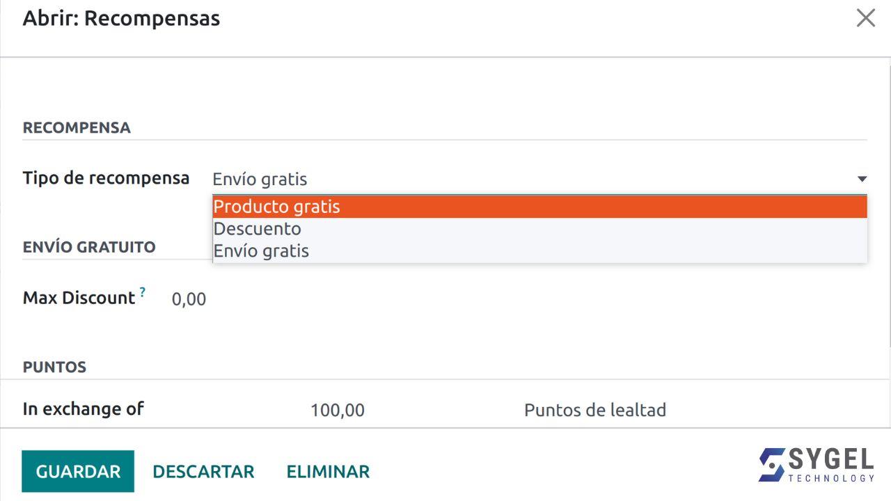 Tipos de Recompensas del Programa de Puntos en Odoo Tipos de Recompensas de Programas de Lealtad en Odoo