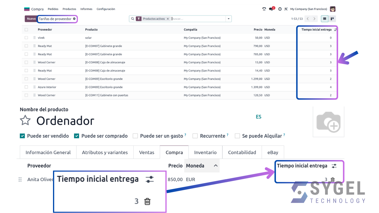 Configuración tiempos de entrega en compras en Odoo